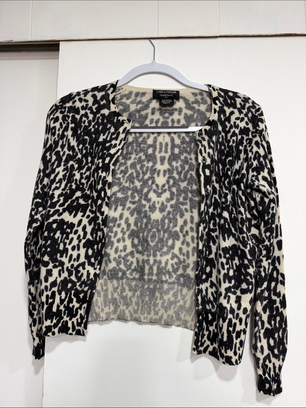 Lord & Taylor Black and Cream Leopard-Print Open Cardigan